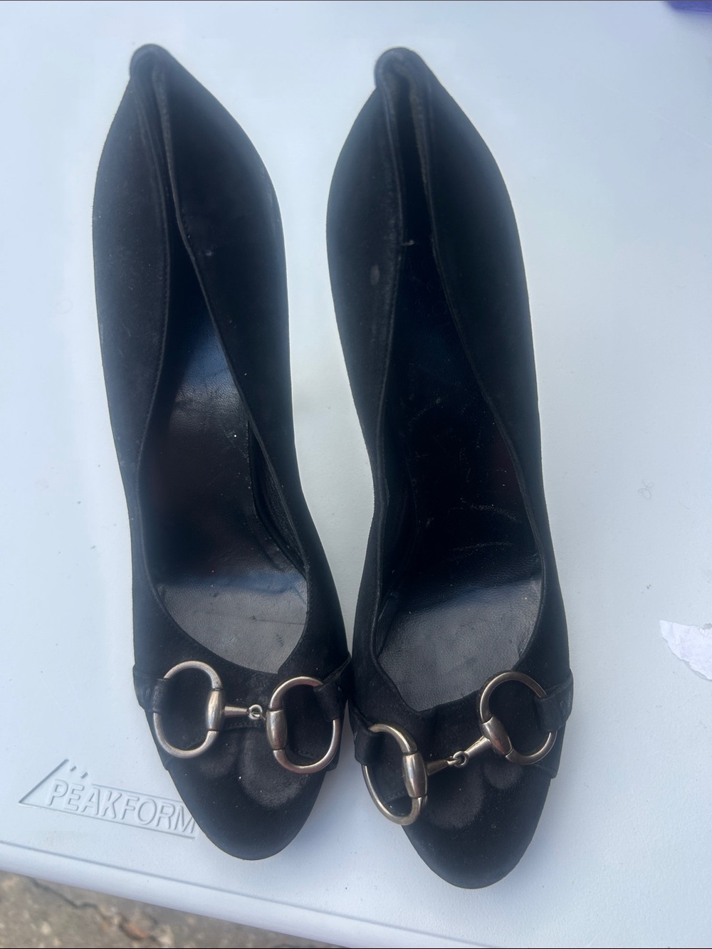 Gucci Black Satin Pumps with Gold Horsebit Accent